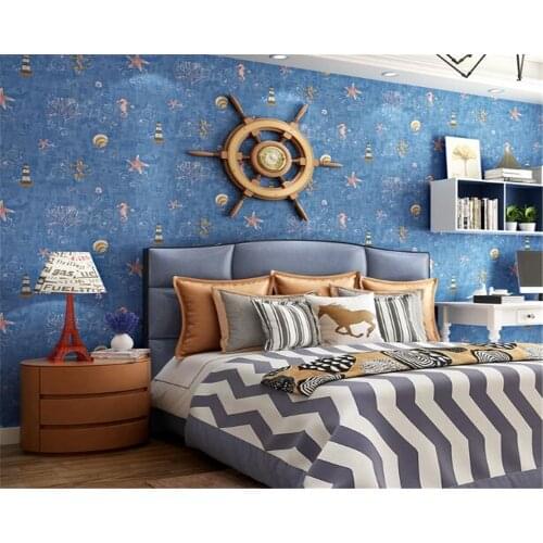 Beibehang Dark blue Mediterranean style non-woven wallpaper Childrens room male and female bedroom room background 3d wallpaper