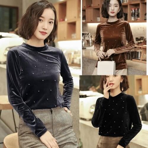 Autumn Womens Turtleneck Velvet Tops Long Sleeve Beading Warm Pullovers Tops Female Casual Solid Color Basic Shirt Plus Size