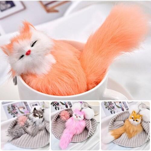 Fluffy Animal Cartoon Fox Keychain Pendant Car Key Ring Holder Bag Purse Ornament Decor Women Jewelry Charm Cute Key Chains