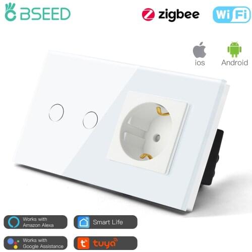 Bseed New Zigbee Wifi 2 Gang Touch Switch EU Standard With Normal Socket 3 Color Crystal Glass Panel Smart Home