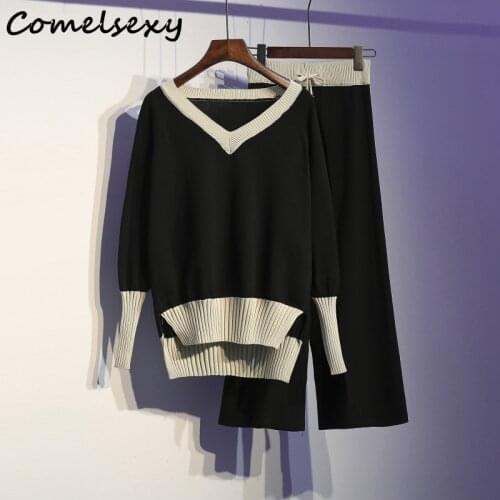 Comelsexy Plus Size Two Piece Set Top And Pants Knitted Womens Sweater Tracksuit For Women Casual Matching Sets Autumn Pant Set