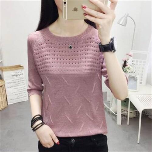 Spring And Summer New Korean Ice Silk Hollow Knit Sweater Three-Quarter Sleeve T-Shirt Short-Sleeved Womens Loose Bottoming Top