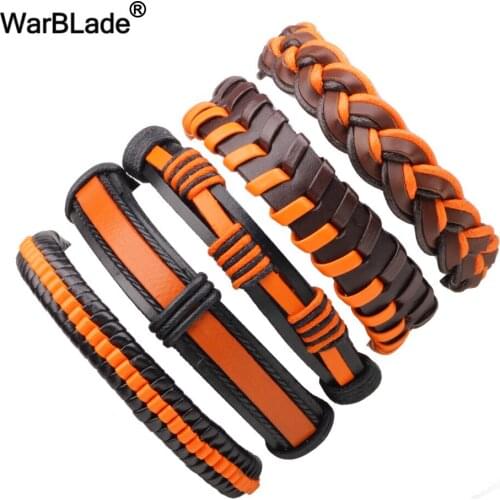WarBLade 2018 New Genuine Leather Bracelet Men Multilayer Braid Wrap Bracelets & Bangles Punk Wrap Wristband for Women 5PCs/set