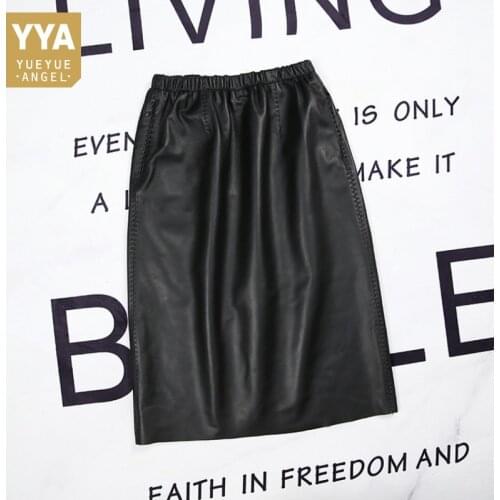 Women Real Leather Midi Skirts Elegant Elastic Waist Office Black Skirt Spring Autumn Casual Sheepskin Straight Skirts M-2XL