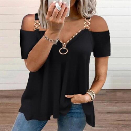 Summer Strapless Loose tshirt Women Sexy V-Neck Zipper Black Tee Shirt femme Short Sleeve Elegant Large Size Pullover Tops 2021