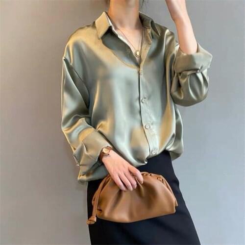 Office Ladies Summer Autumn Silk Shirt Women Creative Solid Long Sleeve Lapel Loose Elegant Blouse Single-breasted Tops