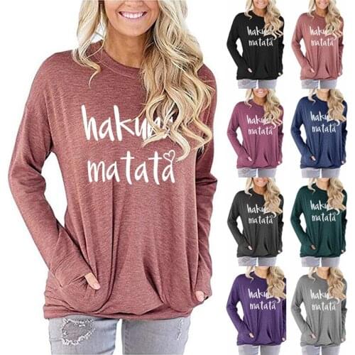 Womens Sweatshirt Hakuna Matata Printed Letter Pocket Long-Sleeved T-shirt Woman Tshirts Tops Harajuku Ropa Mujer Tshirt Tops