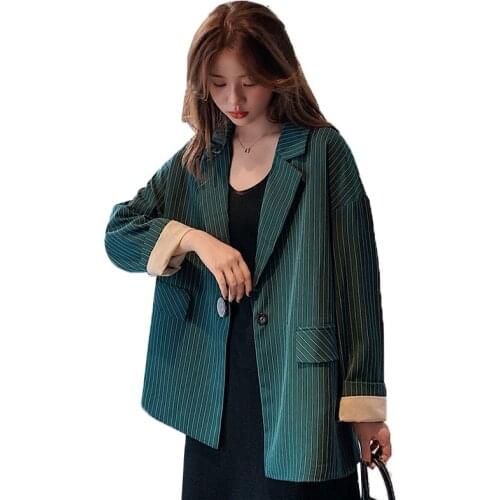 Womens Blazer New 2020 Spring Suit Korean Loose Casual Jacket High Quality Single-breasted Stripe Ladies Suit Blazer Feminino