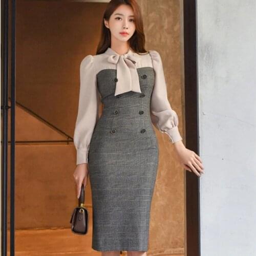 2021Spring Women Fashion Slim Plaid Patchwork Puff Sleeve Dress Women Office OL Bow Collar High Waist Lady Pencil Dress