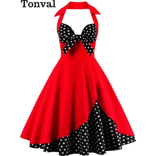 Tonval Knot Front Sexy V-Neck Halter Party Women Vintage 50s Pinup Dress Black and Red Two Tone Backless Cotton Dresses