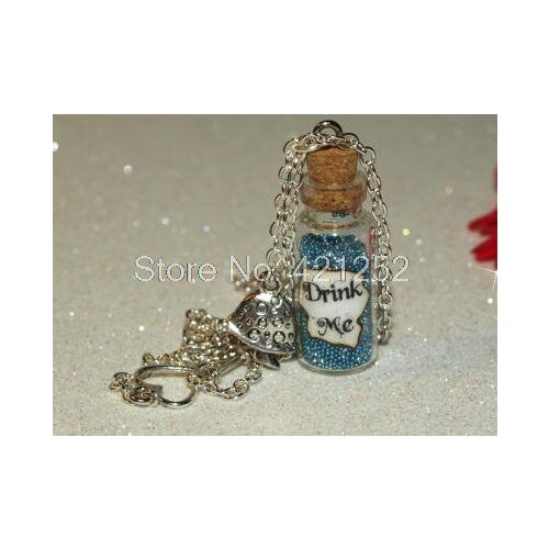 12pcs Alice in Wonderland Drink Me Magical glass Bottle Necklace with a Mushroom Charm Inspired necklace