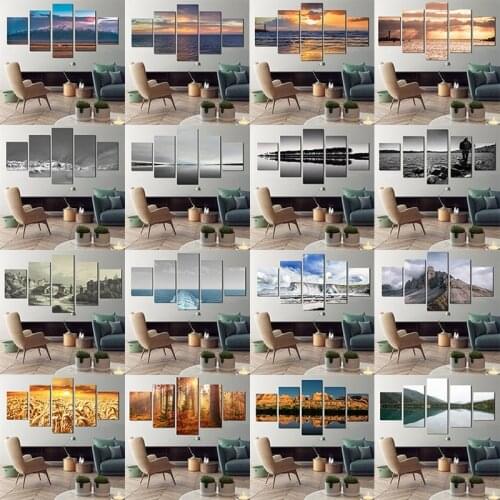 5 Pieces Fashion Painting Lake Reflection Sunset Scene Wall Art Printing Picture Canvas Painting Home Decoration Artwork NoFrame