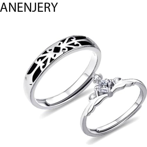 ANENJERY 925 Sterling Silver Romantic Princess and Knight Couple Rings Zircon Opening Lovers Rings For Wedding Jewelry S-R523