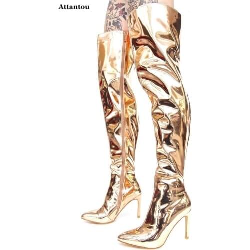 Golden glossy Bright leather long boots pointed toe over the knee high boots woman shoes stiletto nigh club stage party boots