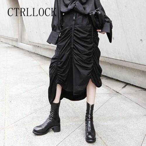 CTRLLOCK Harajuku Casual High Waist Skirt Women Irregular Buckles Shirring Pleated Skirt Summer New