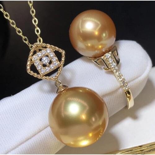 D419 Pearl Set Fine Jewelry Solid 18K Gold Round 10-13mm Natural Ocean Sea Water Golden Pearls Jewelry Sets for Women