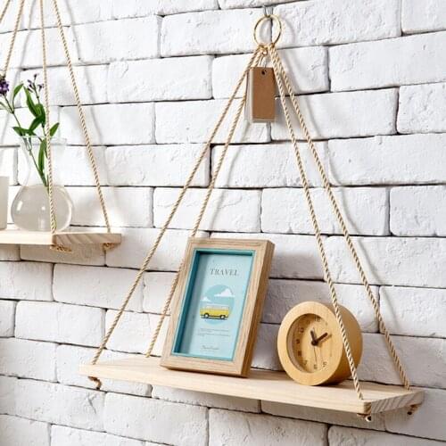 Wooden Wall Shelf Hanging Swing Rope Floating Shelves Jute Rope Hanging Green Plant Display Rack Shelf Organizer DIY Home Decor