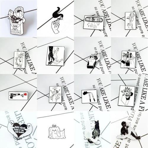 Punk black white series Enamel Brooch Cartoon Cat Dog Label Pins skeleton heart Button Badge Fashion Backpack Jewelry for Lovers