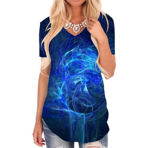 Giyu Brand Abstract T Shirt Women Psychedelic Funny T shirts Dark Blue Shirt Print Smoke Cloud V-neck Tshirt Womens Clothing
