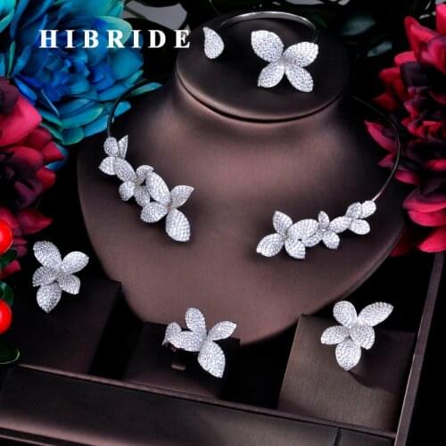 HIBRIDE Luxury Flower Design Fashion Design Dubai Bridal Jewelry Sets Women Wedding Accessories Bangle Earring Necklace N-754