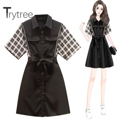 Trytree 2020 Summer Woman Casual Dress Turn-down Collar Single Breasted Patchwork Plaid Belt Fashion Elegant A-line Mini Dress