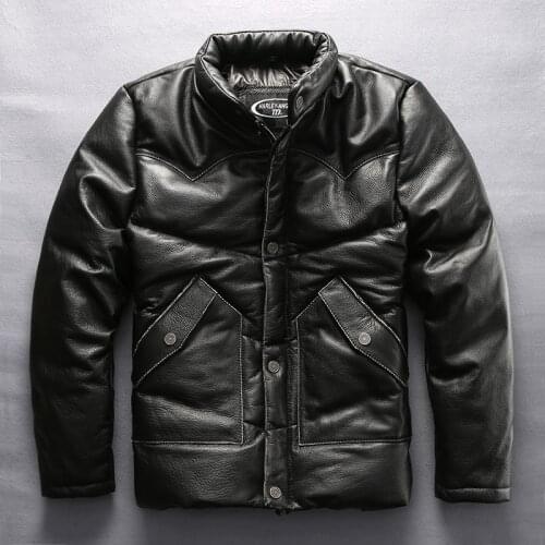2020 Mens Black Cow Motorcycle Biker Warm Down Flight Pilot Genuine Leather Winter Coat Bomber Jacket