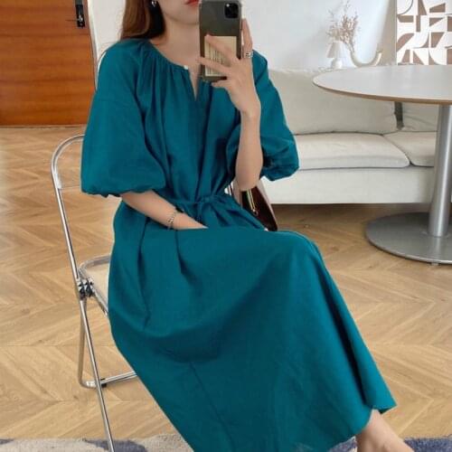 2020 Women Summer Vintage Peacock Blue Linen Oversized Long Dress High Waist Sashes Backless Midi Dresses