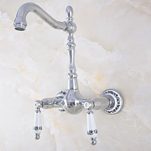 Polished Chrome Brass Wall Mounted Bathroom Kitchen Sink Faucet Swivel Spout Mixer Tap Dual Ceramics Handles Levers mnf567