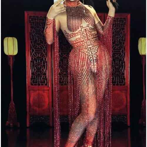 Sexy Long Tassel Crystals Red Jumpsuit party favors Performance Costume DJ Women Nightclub Outfit