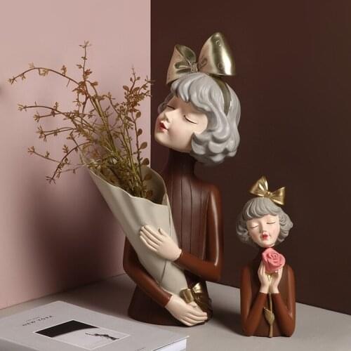 Girl Resin Sculpture Crafts Home Decoration Girls Birthday Gift Flower Arrangement Vase Living Room Cabinet Table Decor Ornament