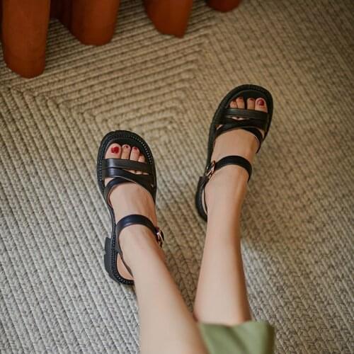Platform Shoes Women Genuine Cow Leather Sandals For Women Shoes 2021 Summer Open-Toed Mid-Heel Sandals Women