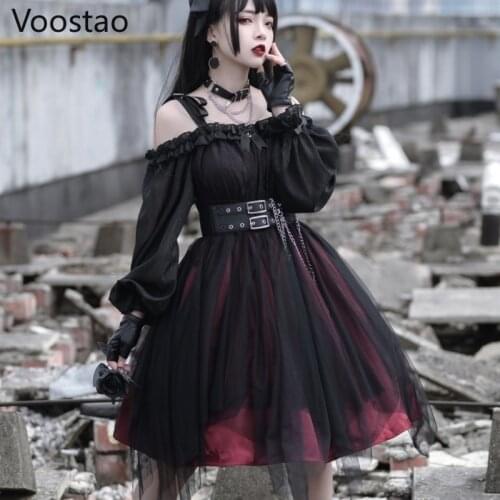 Vintage Gothic Lolita Dress Victorian Harajuku Girly Killer Irregular Mesh Dress Cosplay Women Kawaii Long Sleeve Party Dresses