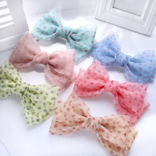 Vintage Heart Printed Mesh Gauze Bow Hairpin Girls Big Hair Bow Barrettes Clip Ladies Hair Accessories