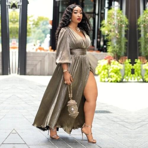 Summer Sexy Party Dress Women Clothing Long Sleeve Glitter Shinny Maxi Long Slit Gold Golden Casual Sexy Party Clothes