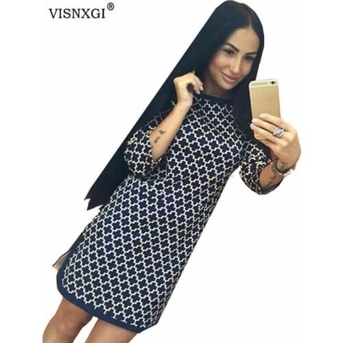 VISNXGI Autumn Cross Print Dress Work Office Ladies Three Quarter O-Neck Print Chiffon Mini Side Slit Dress Fashion Large Size
