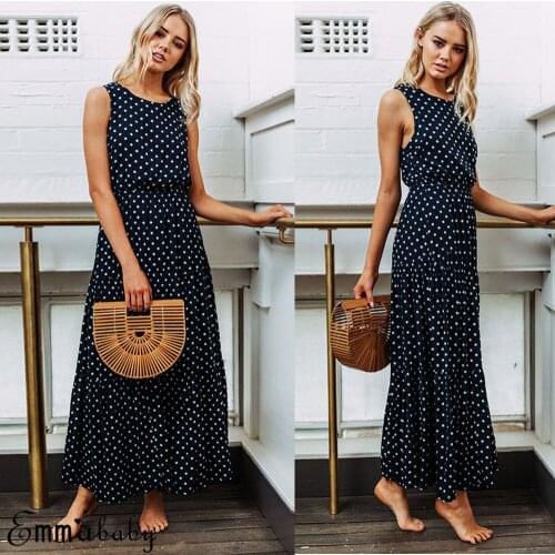 Bobo Women Evening Party Beach Dresses Summer Sundress Dark Blue Boho Loose Sleeveless Holiday Dot Print Long Maxi Dress