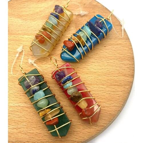 1pc Fashion Natural Seven Chakras Pendants Semi-precious Stone Sword Shape 5 Colors Gold Plated Winding DIY for Making Necklace