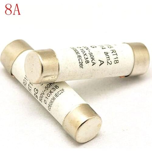 20pcs/lot POWDER-FILLED CARTRIDGE CYLINDRICAL FUSE RO15 Ceramic insurance pipe 10*38 8A 500V RT14 RT18 aM2 RT19 Ceramic fuse