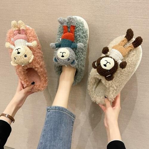 2021 fashion autumn and winter plus velvet slippers home indoor cotton shoes to keep warm girls cute cartoon bear plush slippers