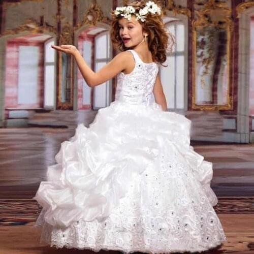 White Crystal Beading Girls Princess Ball Gowns Puffy Girls Birthday Pageant Dresses Gowns Custom