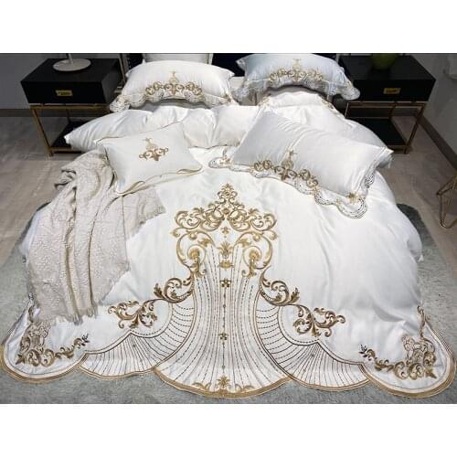 White Soft Satin Silk Cotton Gold Embroidery European Palace Bedding Set Double Duvet Cover Bed Linen Lace Bed Skirt Pillowcases