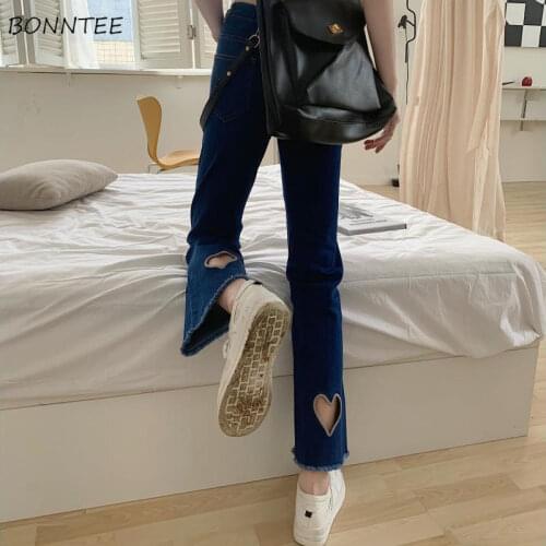 Jeans Women Hollow Out Sexy Chic Flare Trousers Vintage High Waist Ripped All-match Fashion High-street Ankle Length Female Lady