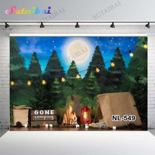 Gone Camping Theme Night Forest Tent Lighting Photography Backdrops for Children Birthday Photographic Studio Photo Backgrounds