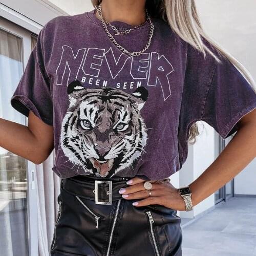 Letter Animals Print Womens T-shirts Summer O-Neck Short Sleeve T-shirt For Women 2021 New Streetwear Casual Loose Ladies Tops