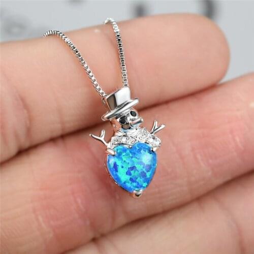 Dainty Crystal Snowman Christmas Necklace Female Cute Heart Opal Pendant Necklace Classic Silver Color Chain Necklaces For Women