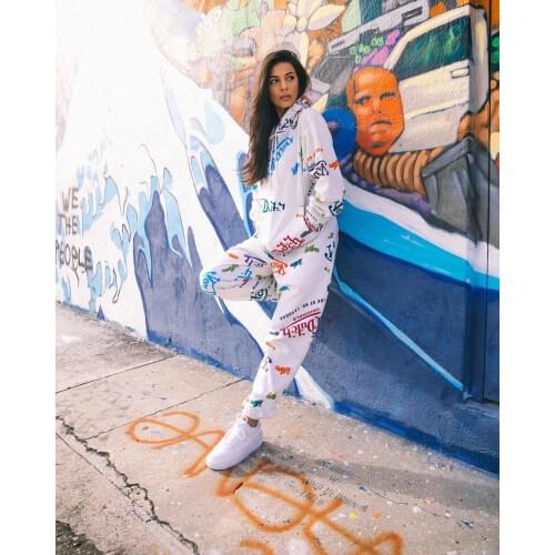 Letter Print Hoodies Two Piece Sets Women Autumn Winter Casual Streetwear Drawstring Sweatshirt + Sweatpants White Matching Suit