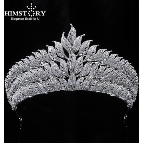 Himstory Micro Paved Full Cubic Zircon Tiara Crown Luxury Peacock Leaf Crown Wedding Hair Accessories Bride CZ Hairband