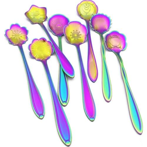 Rose Flower Coffee Mixing Spoon Dessert Scoop Afternoon Tea Pastry Spoon Rainbow Ice-cream Snack Cutlery Kit Christmas 8pcs/pack