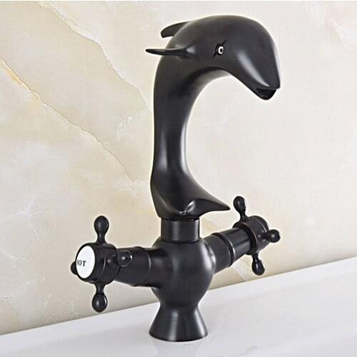 Oil Rubbed Bronze Dolphin Double Handle Bathroom Basin Faucets Cold/Hot Mixer Basin Sink Tap Black Water Kitchen Faucet