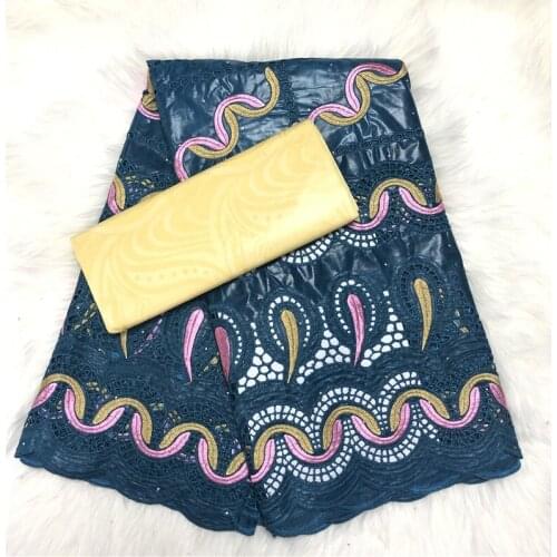 Fashion african Bazin riche fabric with stones cotton lace embroidery 2.5yards bazin lace+2.5yards pure color ghalila bazin